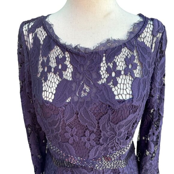 Adrianna Papell Womens Glam Purple Illusion Lace Beaded Waist Long Sleeve Gown - Picture 10 of 15